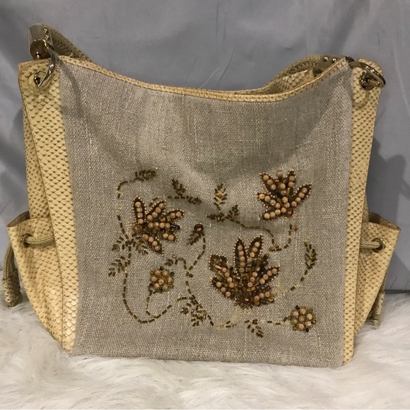 Super Rare Michael Kors Skorpios Beaded Genuine Linen Embossed Tote Bag EUC - Picture 6 of 16